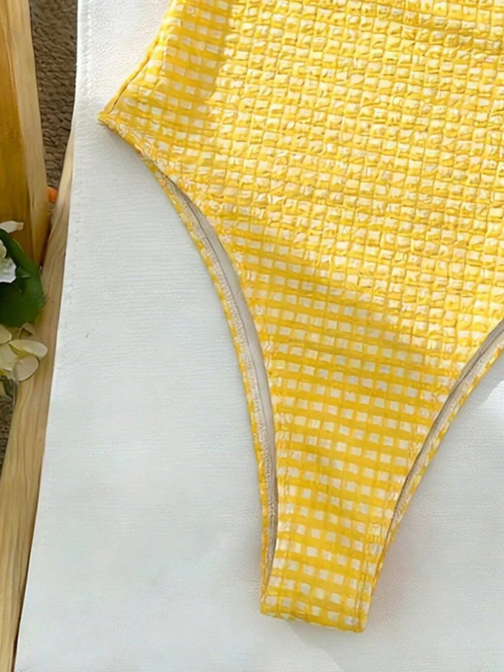 Yellow Women's Gingham strapless one piece swimsuit